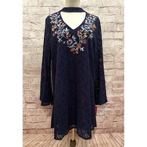 Xhilaration Shift Dress Size Large NEW Navy Lace Boho Embroidered Long Sleeve